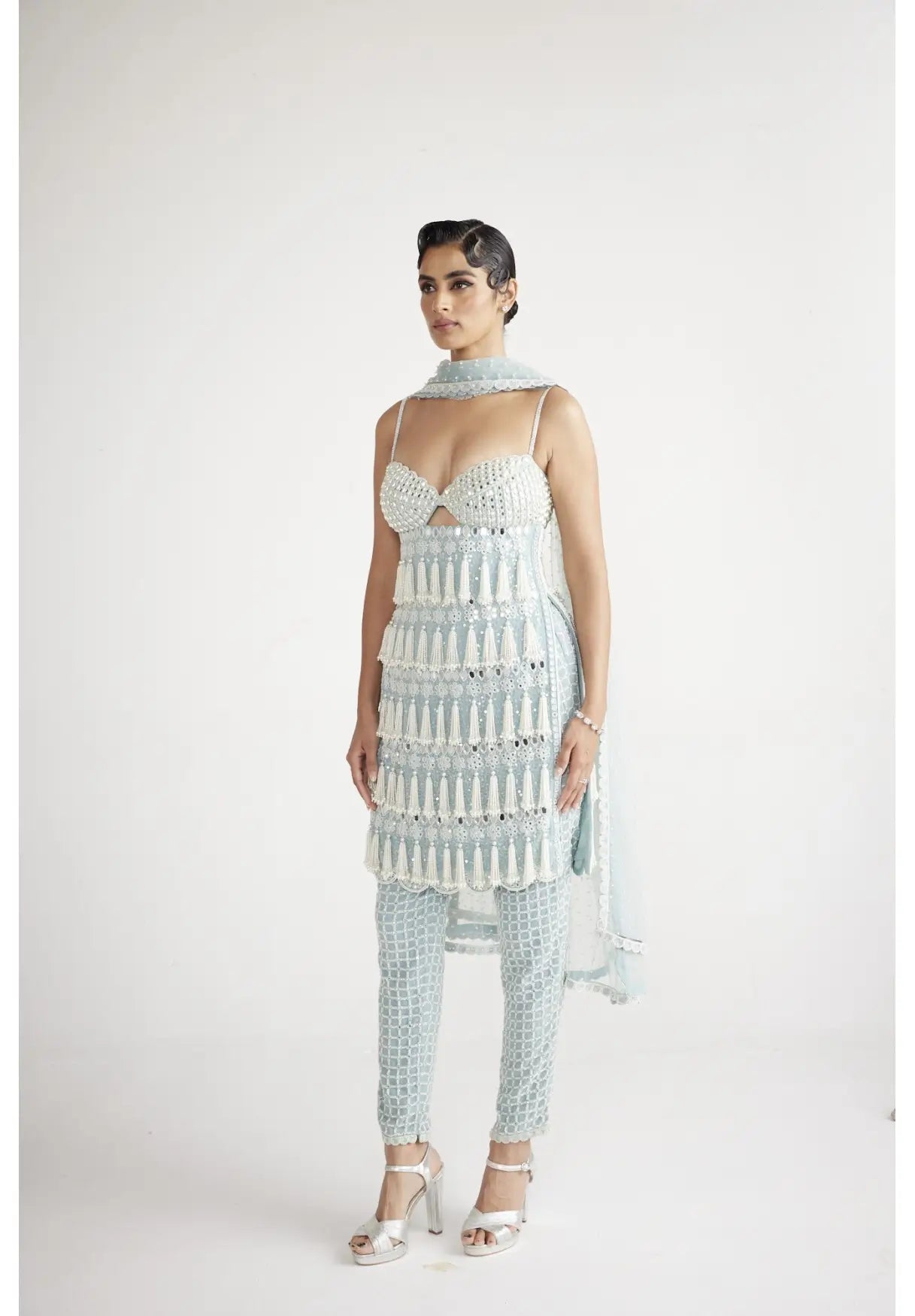 Powder Blue Chandelier Pearl Drop Pant Kurta Set