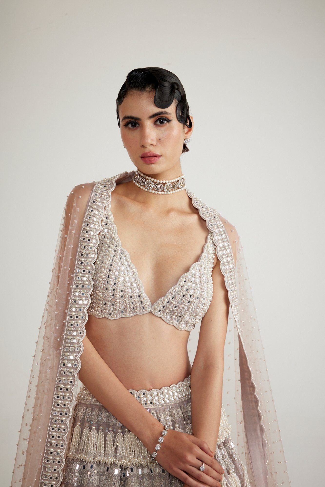 Ash Pink Chandelier Pearl Drop Lehenga Set