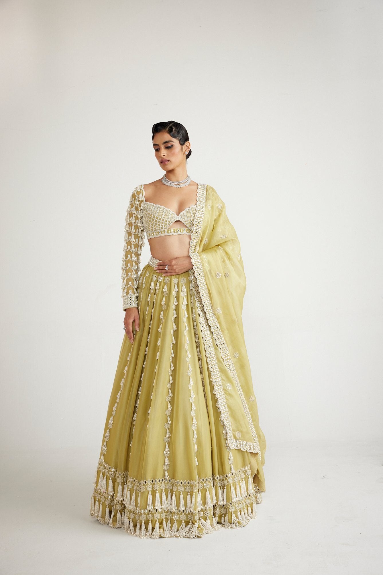 Fern Green Chandelier Pearl Drop Full Sleeve Lehenga set
