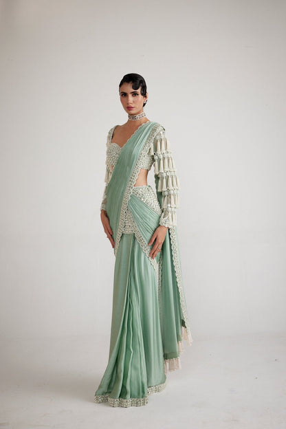 Powder Mint Green Chandelier Drop Saree Set