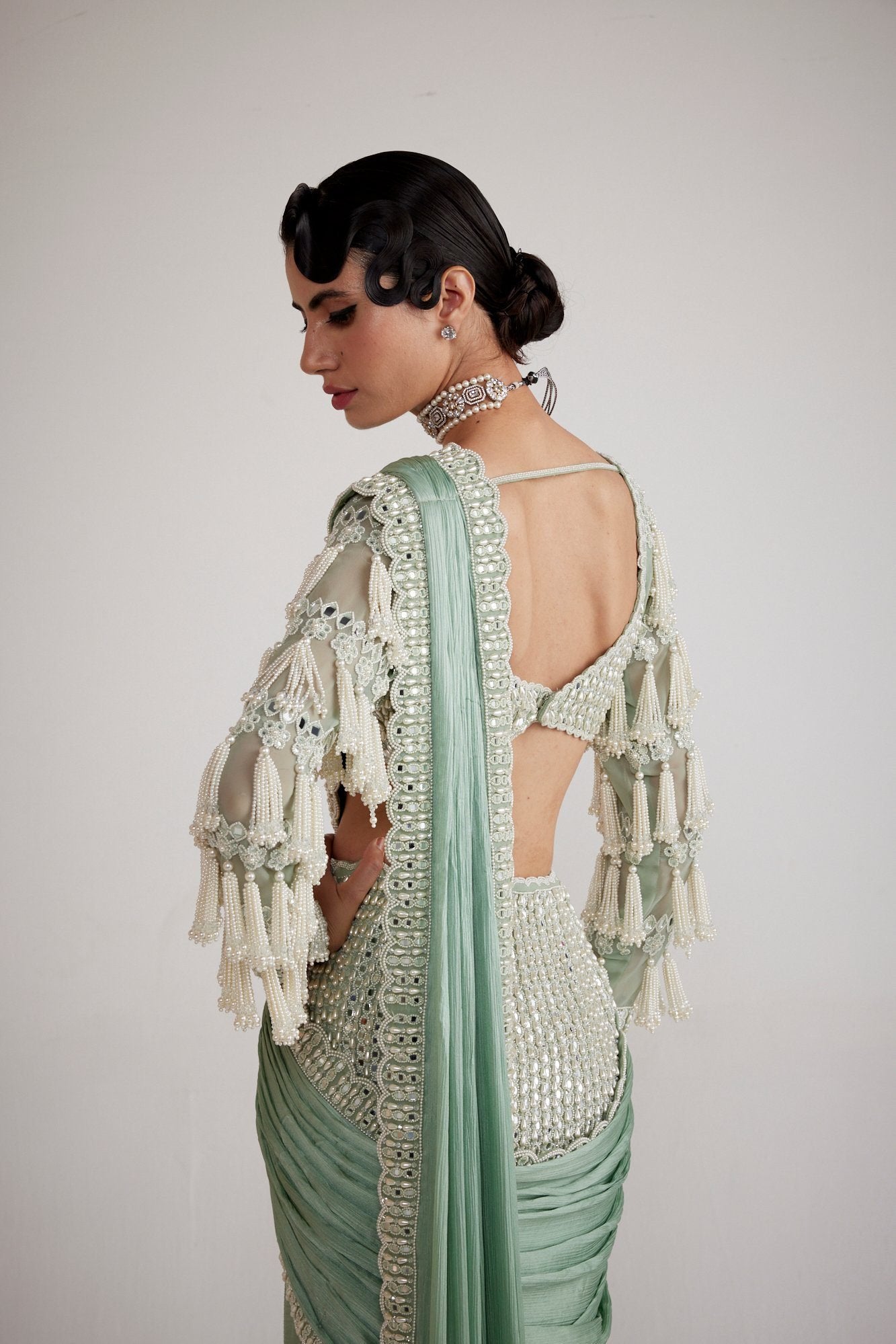 Powder Mint Green Chandelier Drop Saree Set