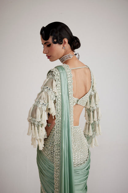 Powder Mint Green Chandelier Drop Saree Set