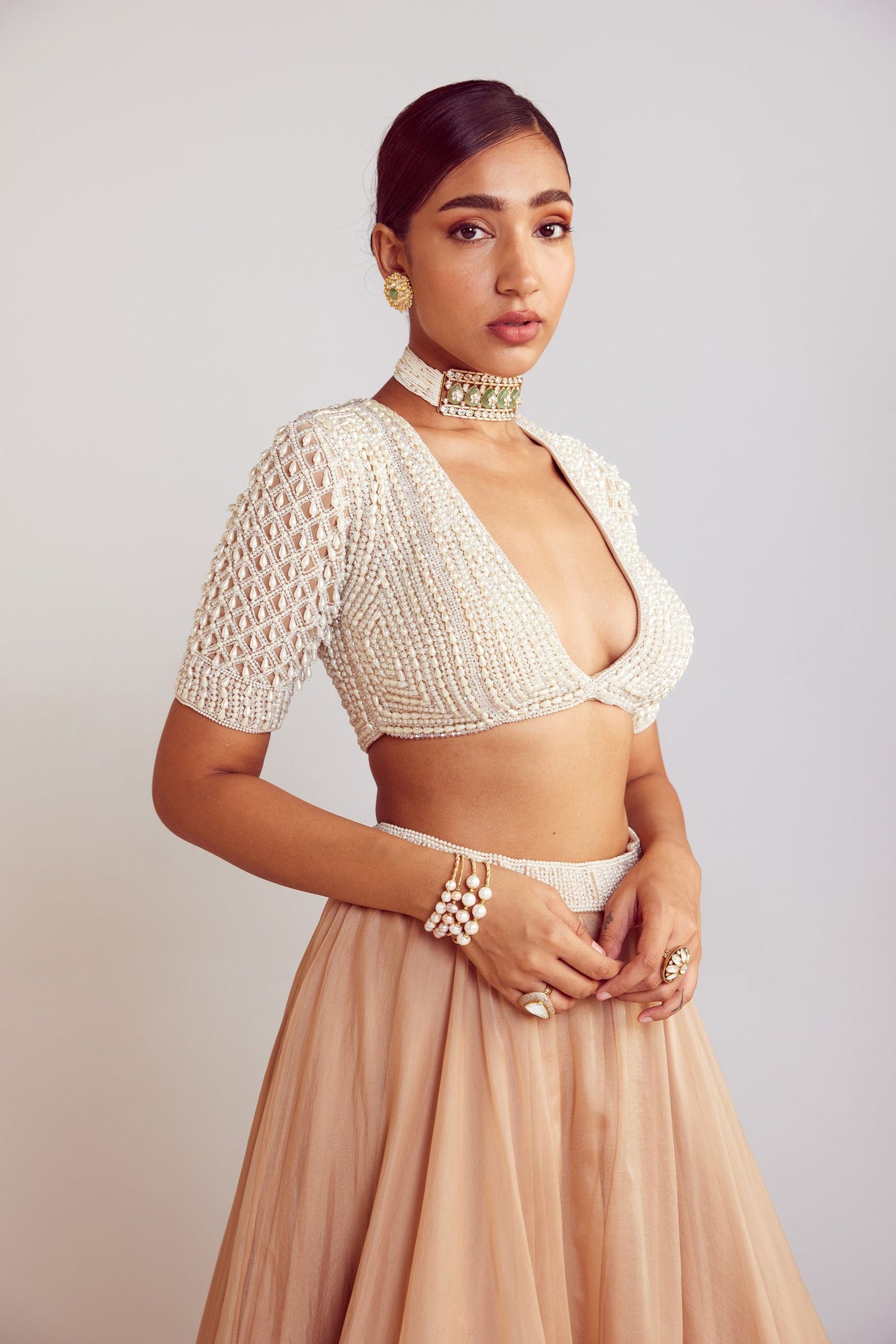 Beige Organza Lehenga Set
