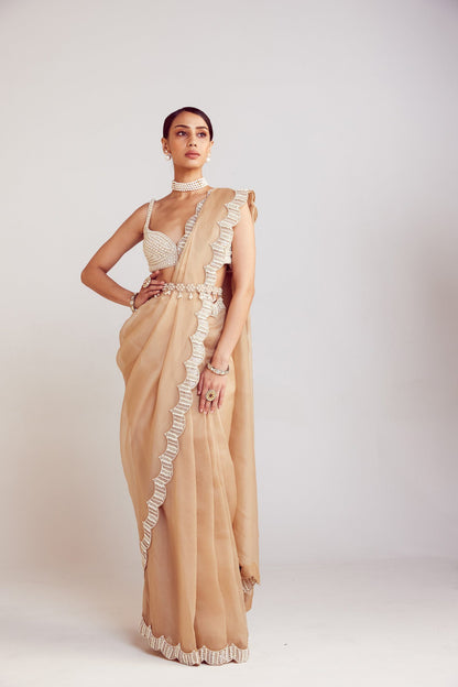 Beige Pre-Draped Saree Set