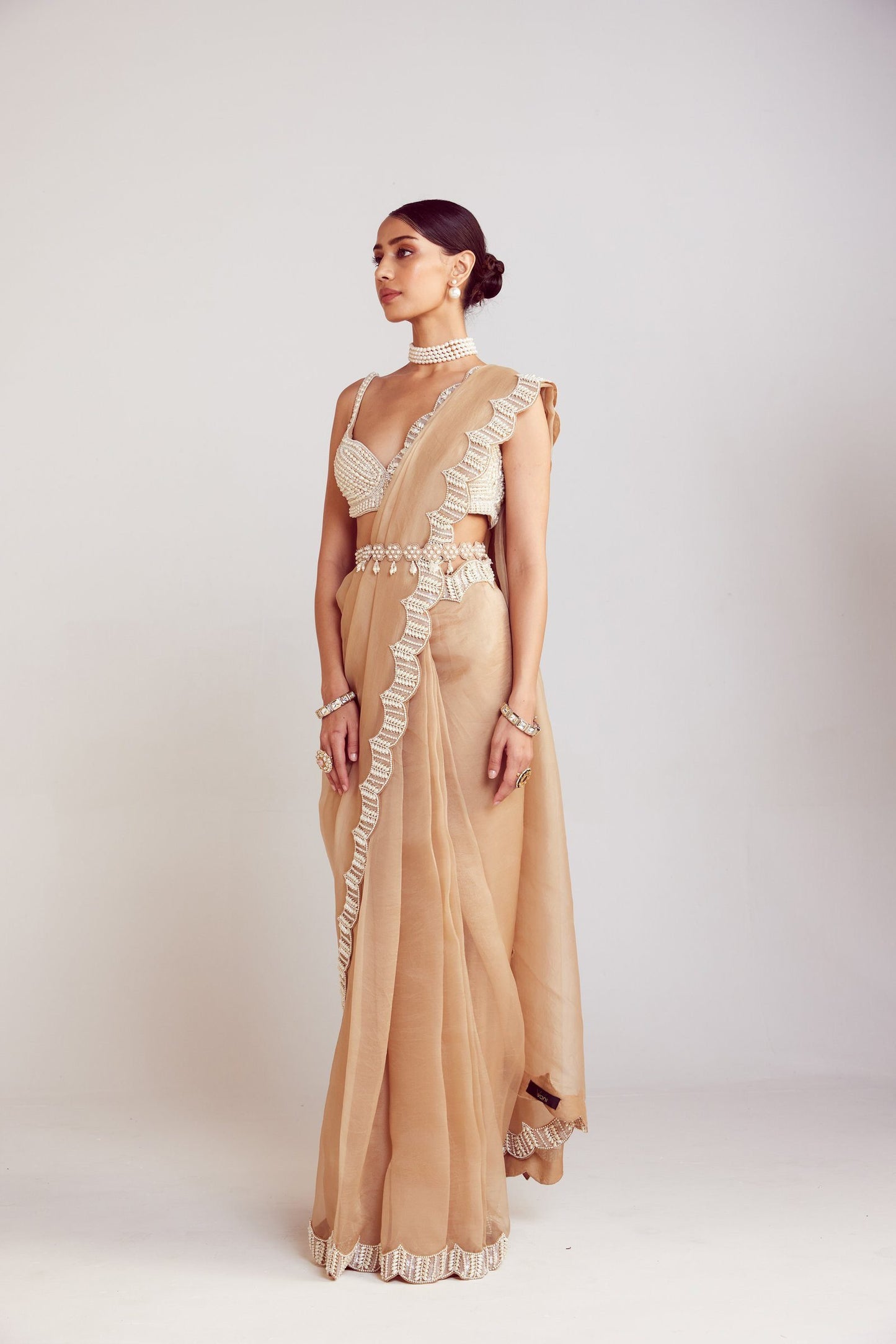 Beige Pre-Draped Saree Set