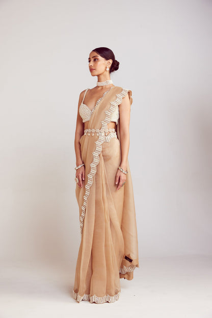 Beige Pre-Draped Saree Set