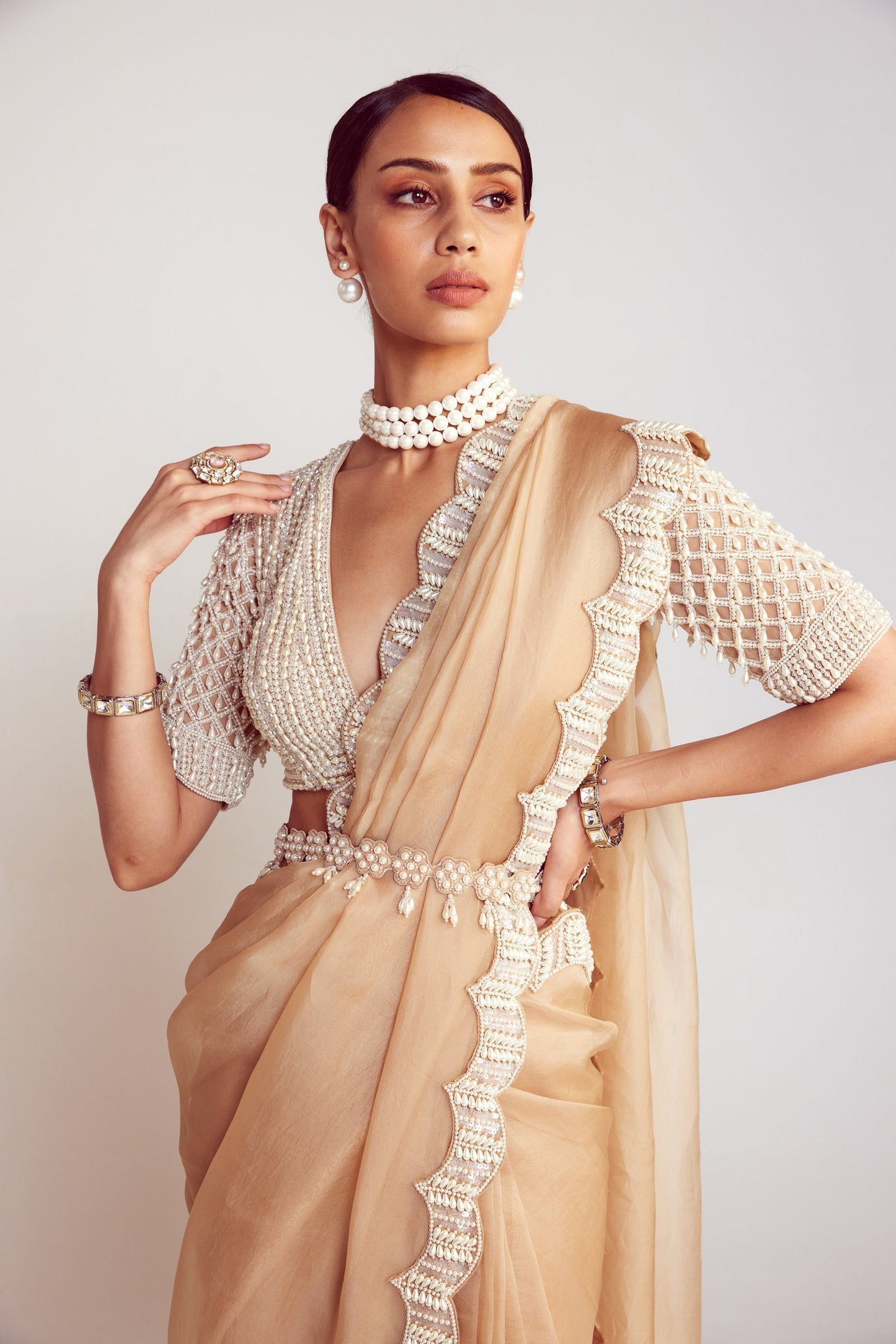 Beige V Neck Pre-Draped Saree Set