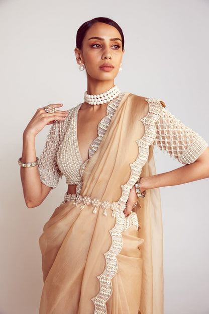 Beige V Neck Pre-Draped Saree Set