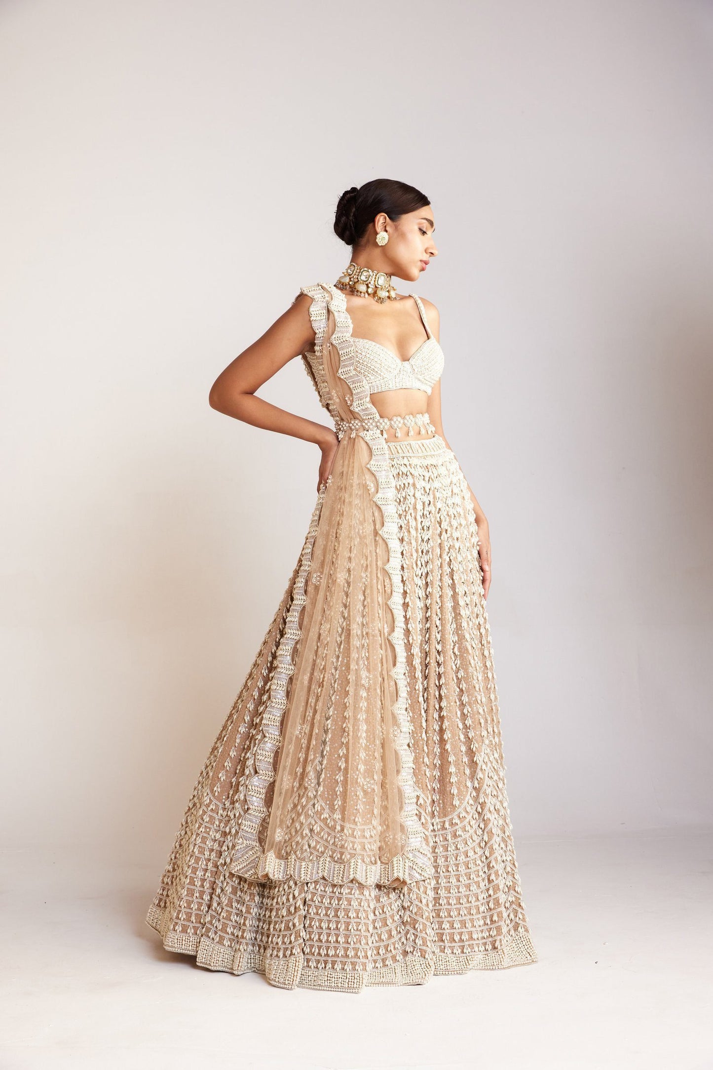 Beige Chandelier Pearl Sweetheart Neck Lehenga Set