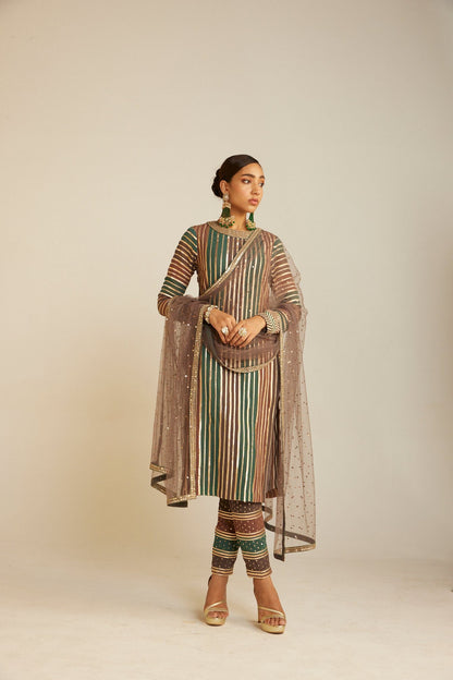 Mud Green Round Neck Straight Kurta Pant Set