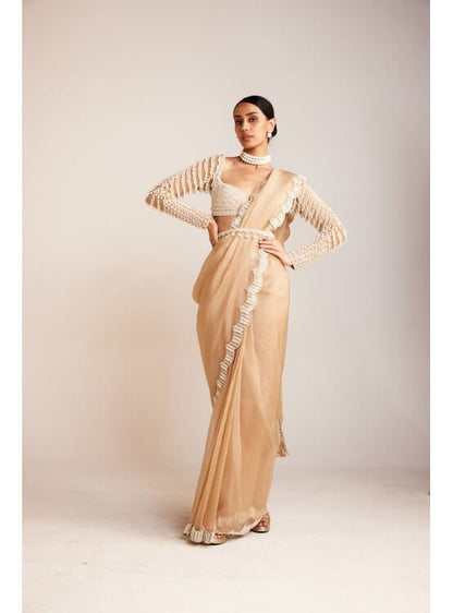 Beige Chandelier Drop Pre-Draped Saree Set
