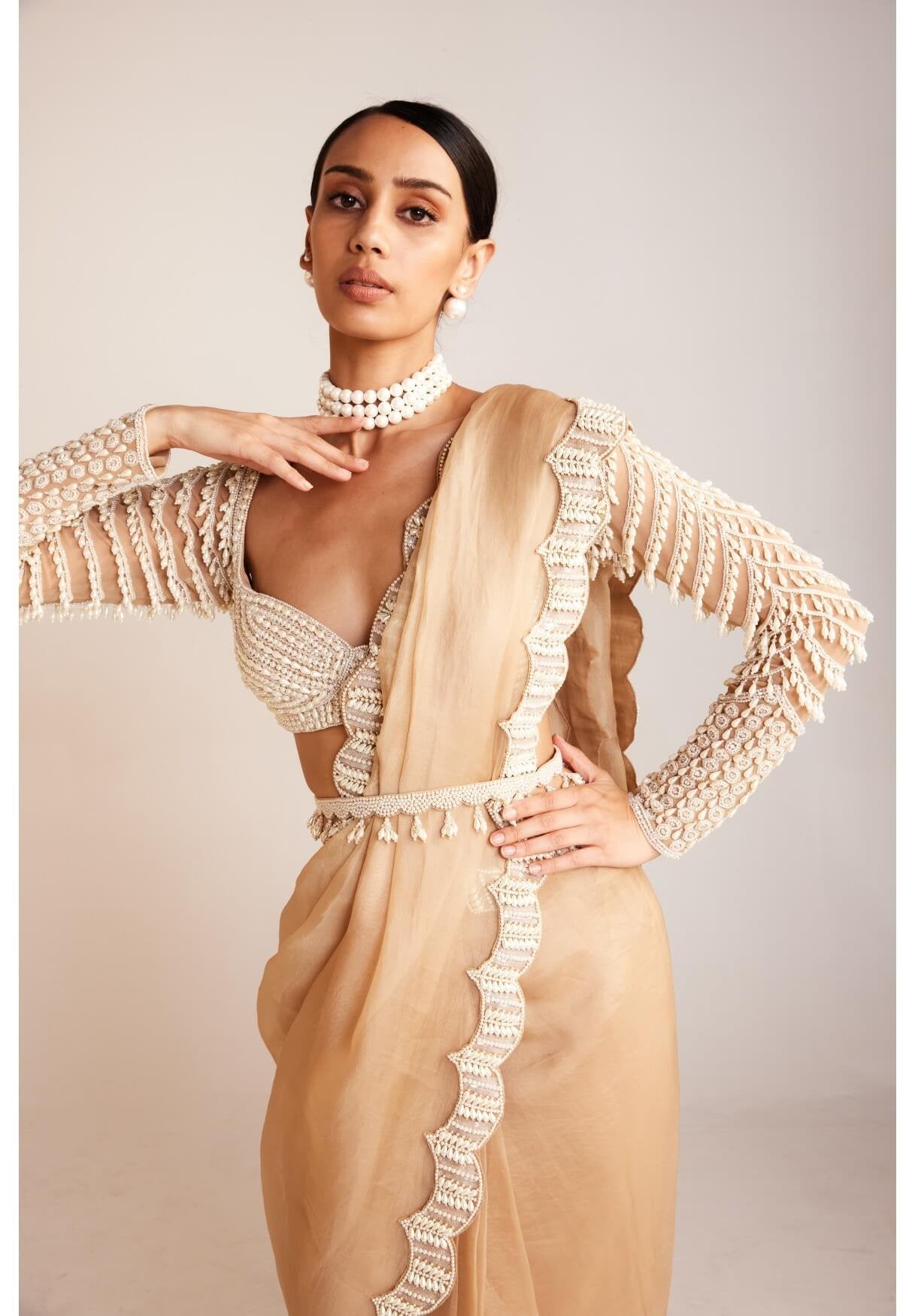 Beige Chandelier Drop Pre-Draped Saree Set