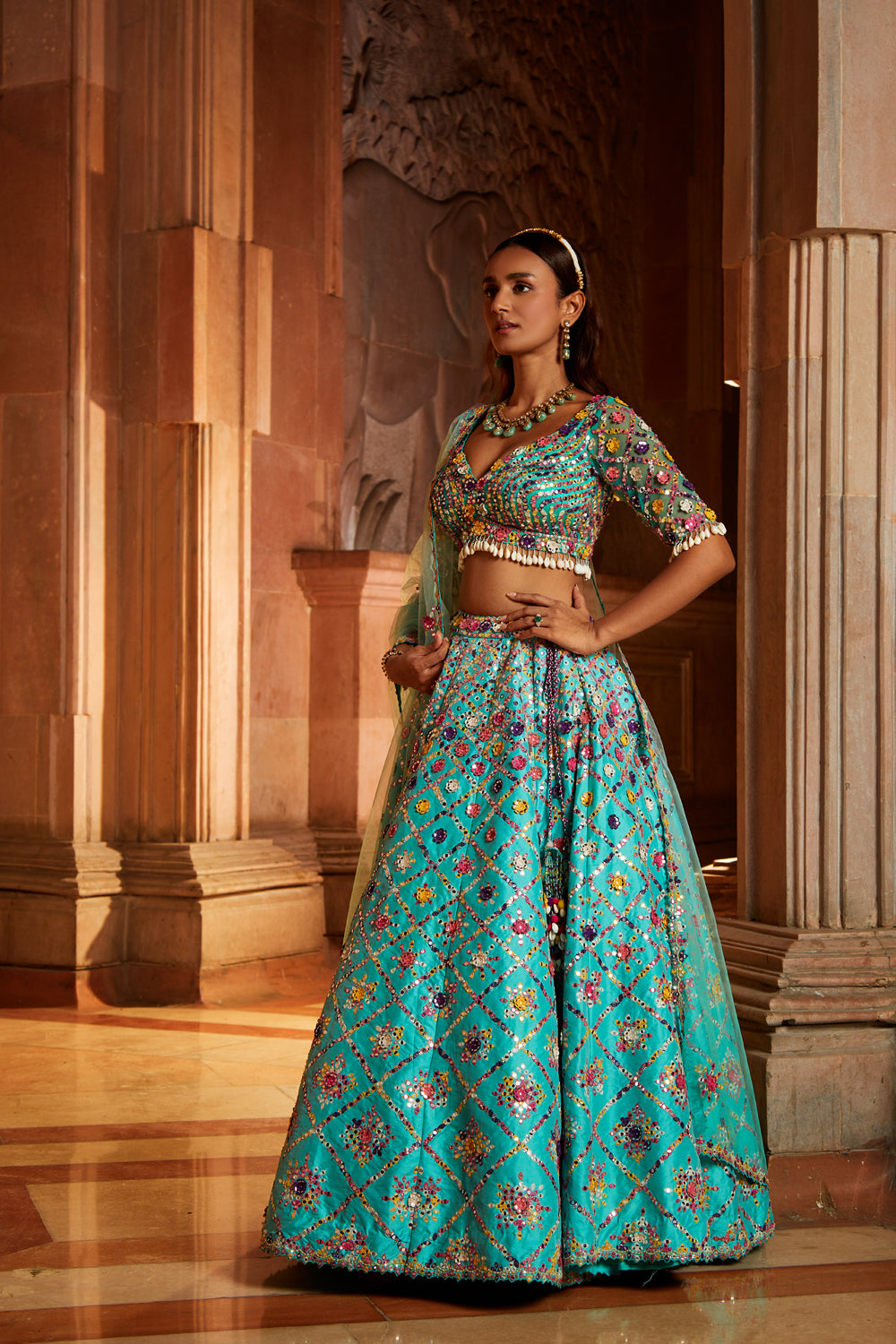 Vibrant Aqua Tafetta Lehenga Choli with Tulle Dupatta
