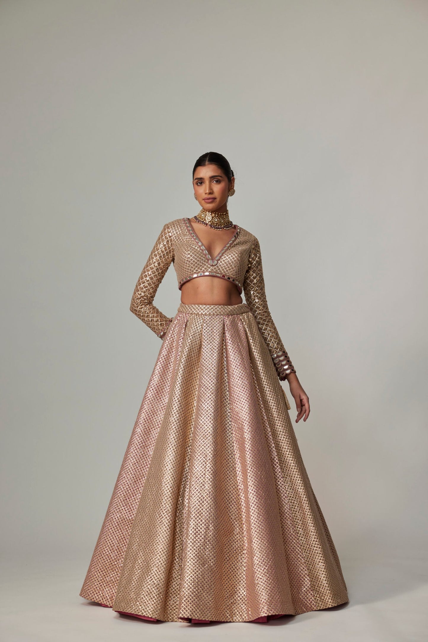 DEEP BEIGE MULTICOLOR SKIRT WITH V NECK FULL SLEEVE BLOUSE