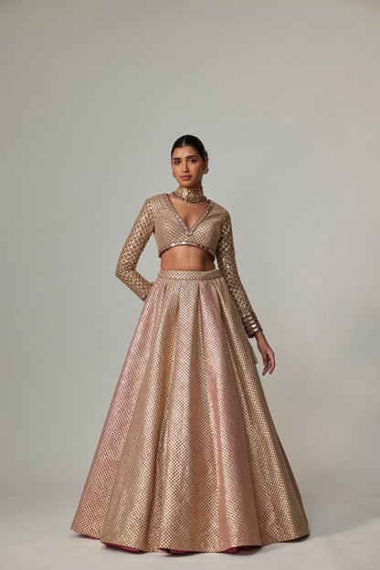 DEEP BEIGE MULTICOLOR V NECK CROP TOP WITH SKIRT