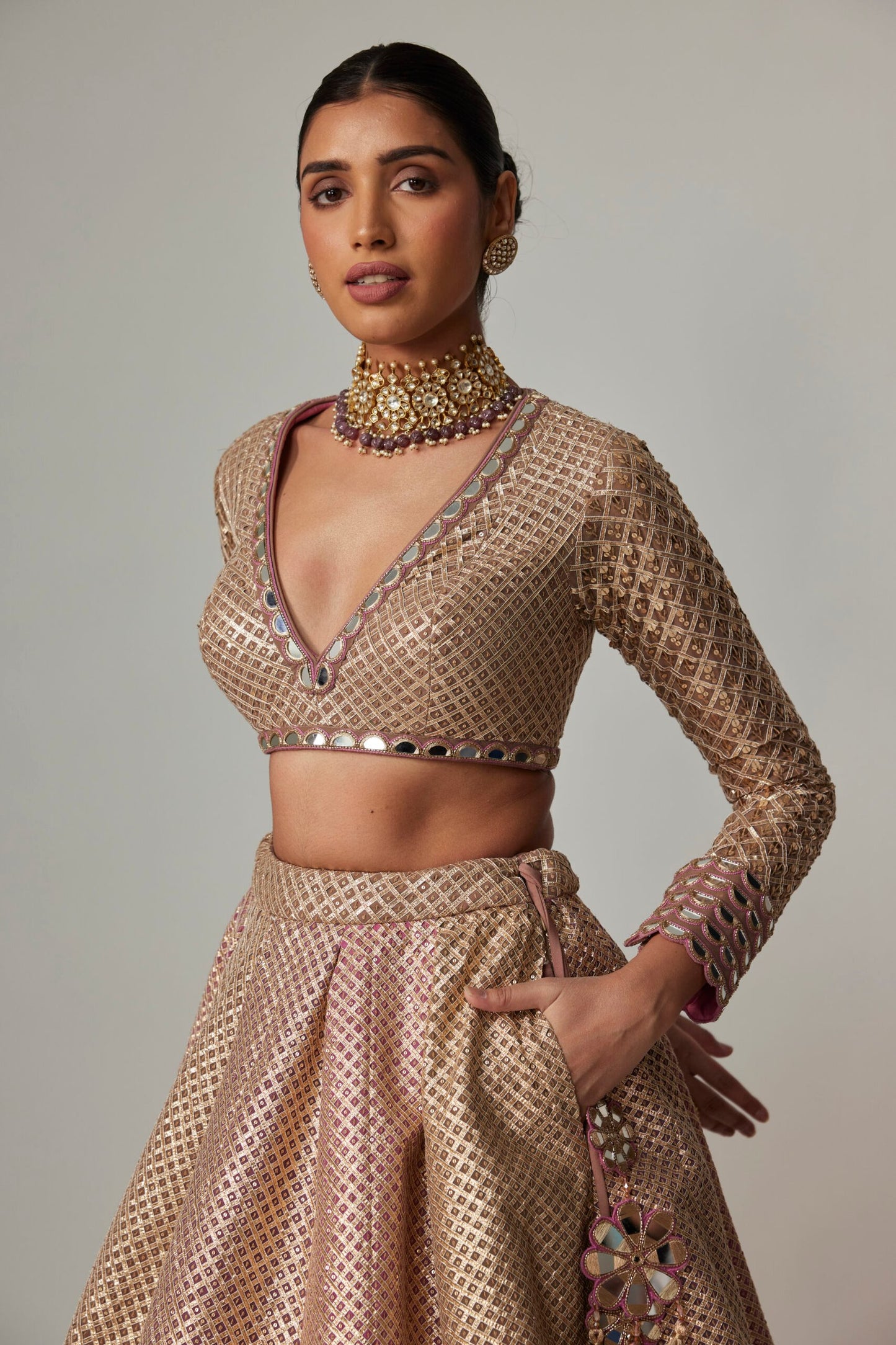 DEEP BEIGE MULTICOLOR SKIRT WITH V NECK FULL SLEEVE BLOUSE
