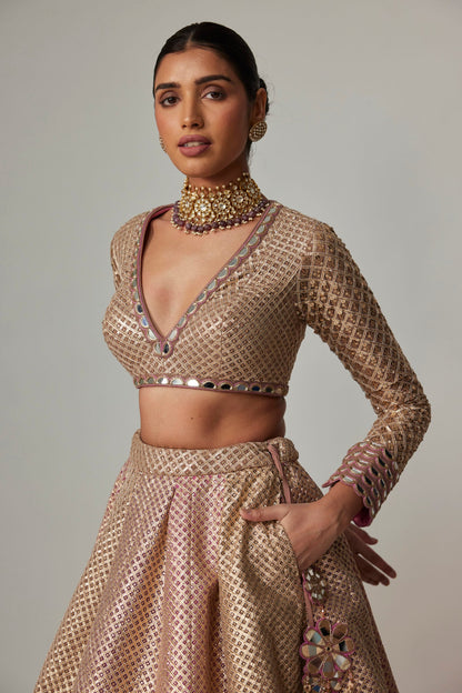 DEEP BEIGE MULTICOLOR SKIRT WITH V NECK FULL SLEEVE BLOUSE