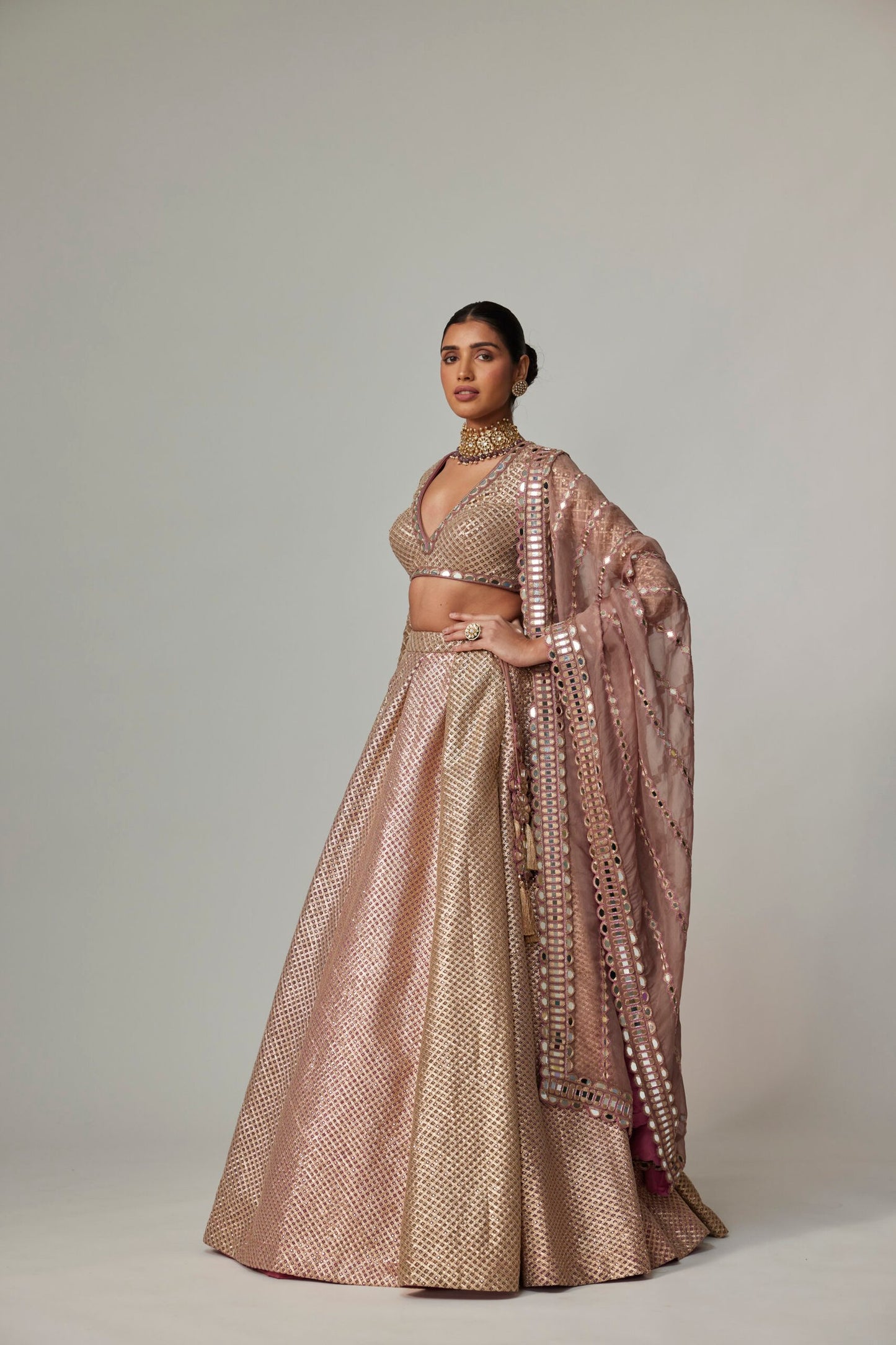 DEEP BEIGE MULTICOLOR SKIRT WITH V NECK FULL SLEEVE BLOUSE