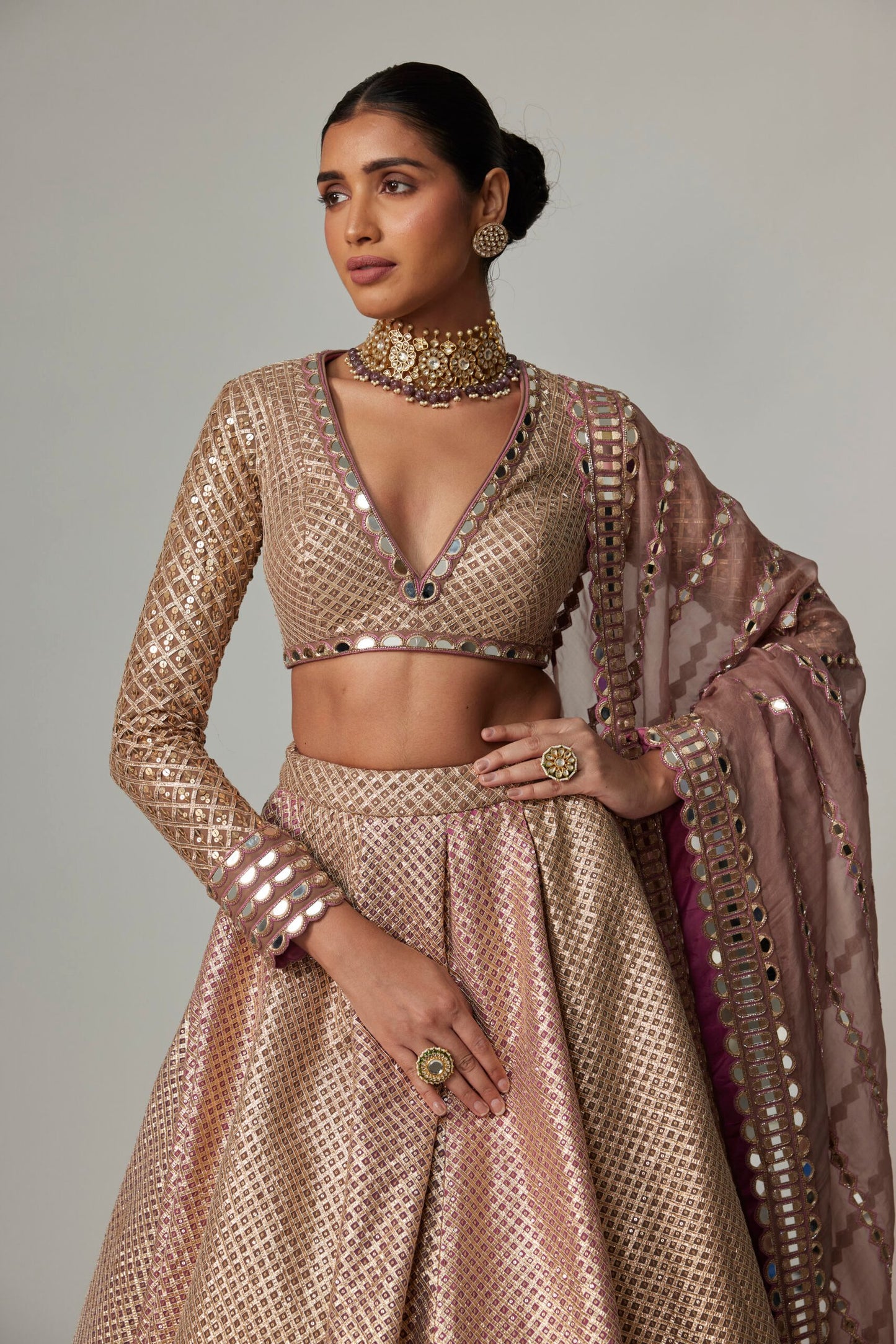 DEEP BEIGE MULTICOLOR SKIRT WITH V NECK FULL SLEEVE BLOUSE