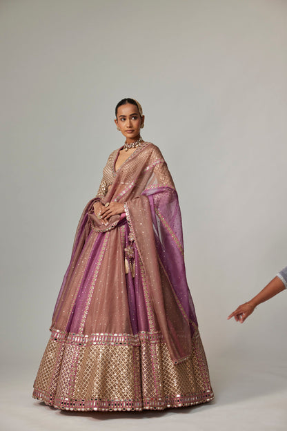 MUD MAUVE MULTICOLOR CHITA SEQUIN SCATTERED LEHENGA SET WITH V NECK FULL SLEEVES
