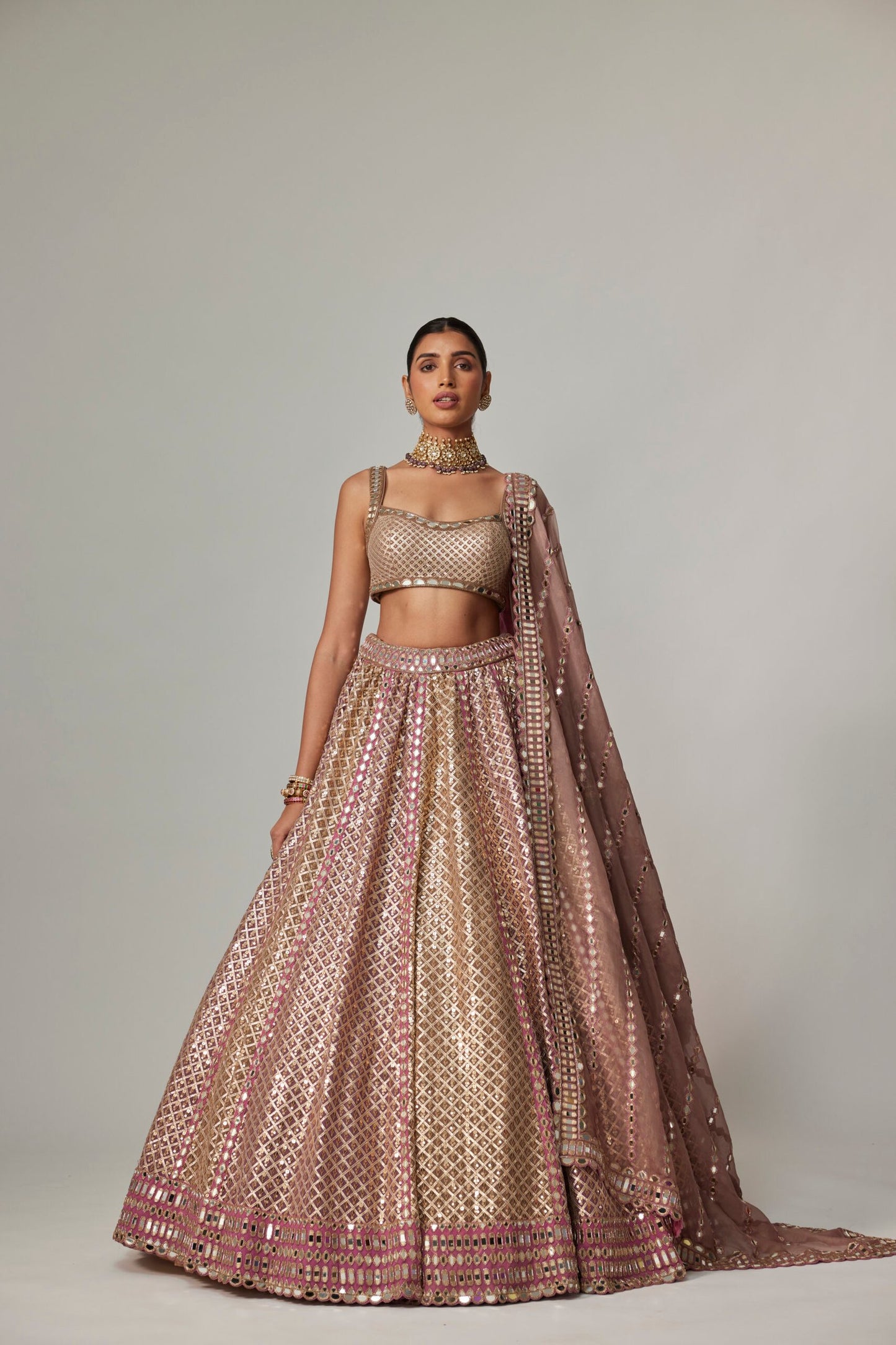 DEEP BEIGE MULTICOLOR METALLIC LEHENGA WITH SQUARE NECK BLOUSE