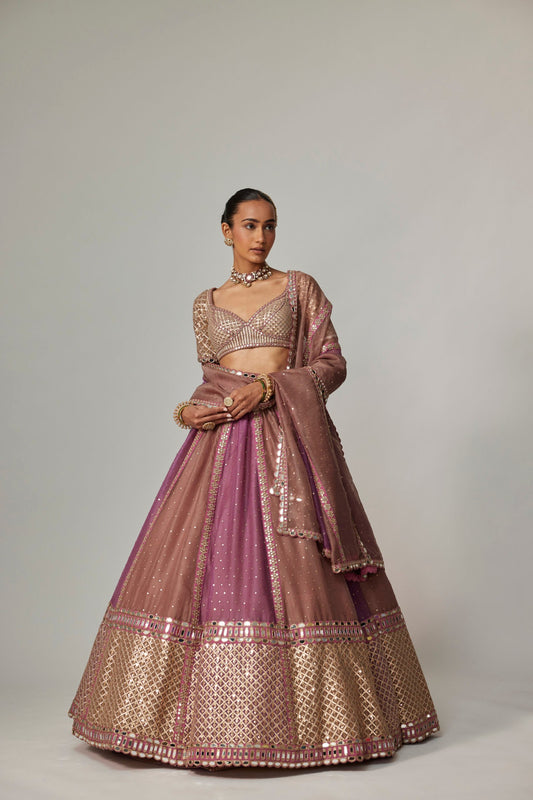 MUD MAUVE MULTICOLOR SEQUIN SCATTERED LEHENGA WITH ELBOW SLEEVE BLOUSE