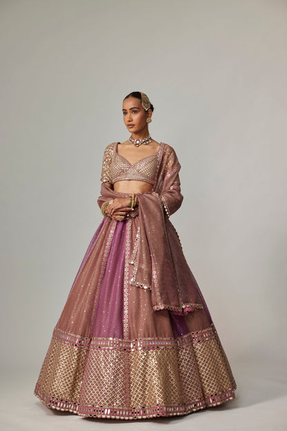 MUD MAUVE MULTICOLOR SEQUIN SCATTERED LEHENGA WITH ELBOW SLEEVE BLOUSE