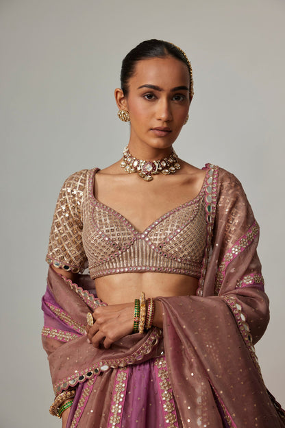 MUD MAUVE MULTICOLOR SEQUIN SCATTERED LEHENGA WITH ELBOW SLEEVE BLOUSE