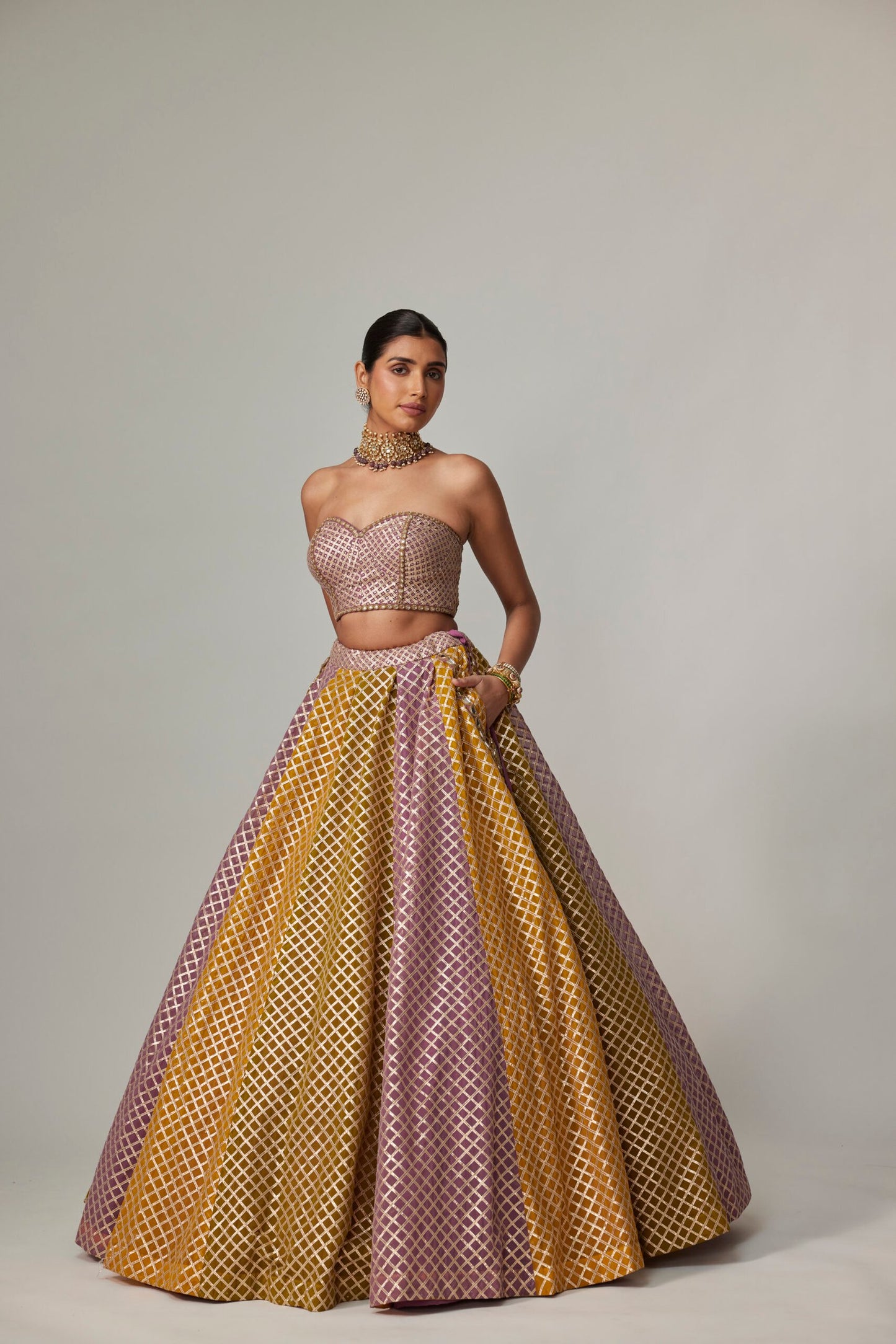 Mustard Multicolour Corset Skirt Set