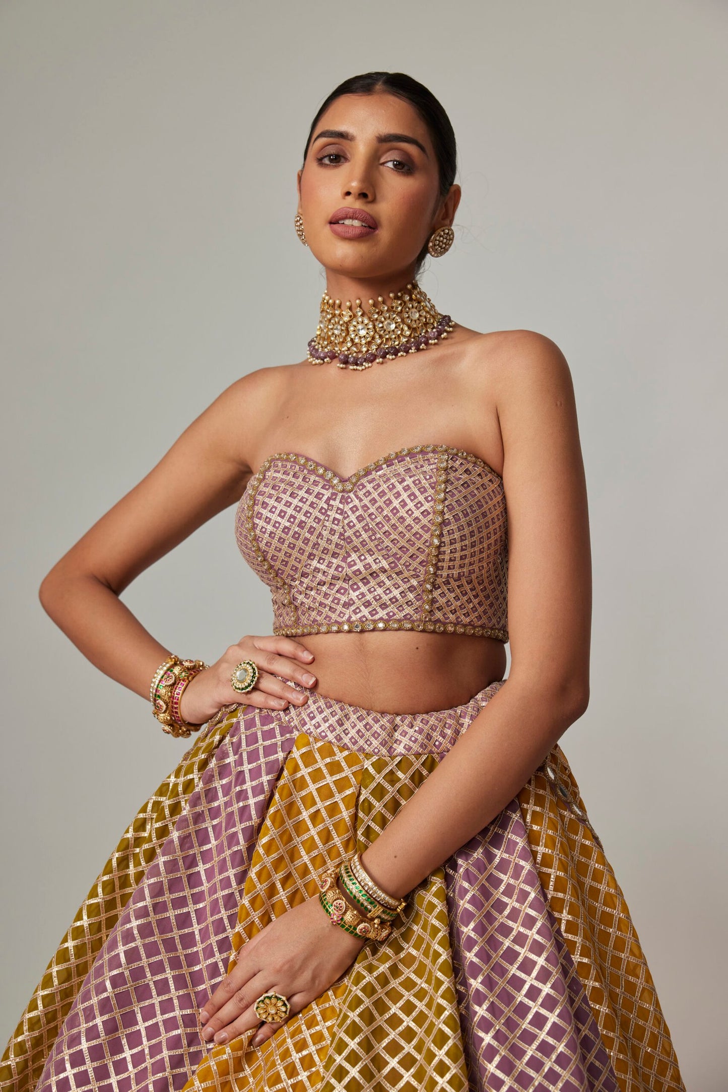 Mustard Multicolour Corset Skirt Set