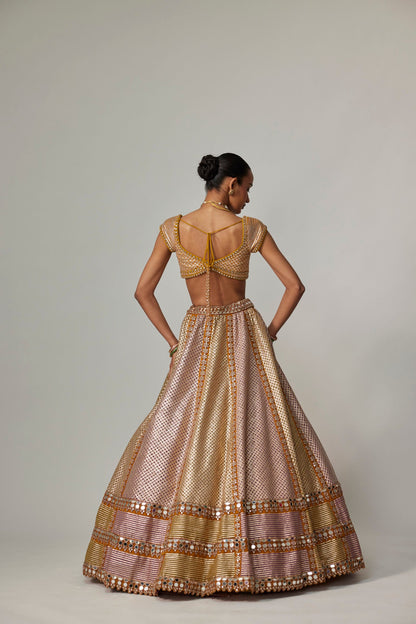 Mustard Multicolour Heavy Metallic Lehenga With Green Dupatta
