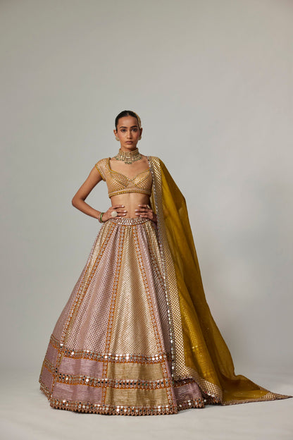 Mustard Multicolour Heavy Metallic Lehenga With Green Dupatta