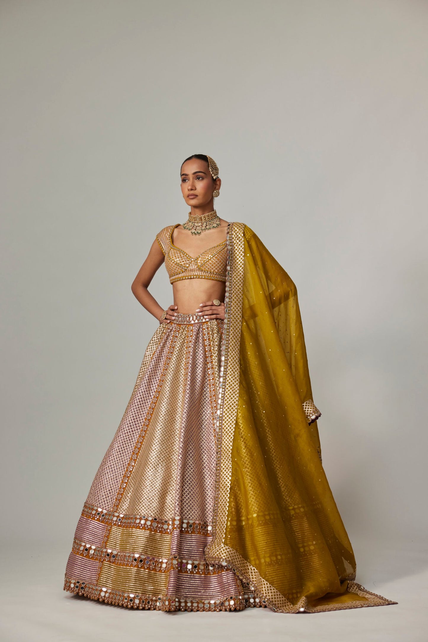 Mustard Multicolour Heavy Metallic Lehenga With Green Dupatta