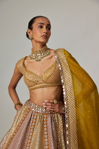 Mustard Multicolour Heavy Metallic Lehenga With Green Dupatta