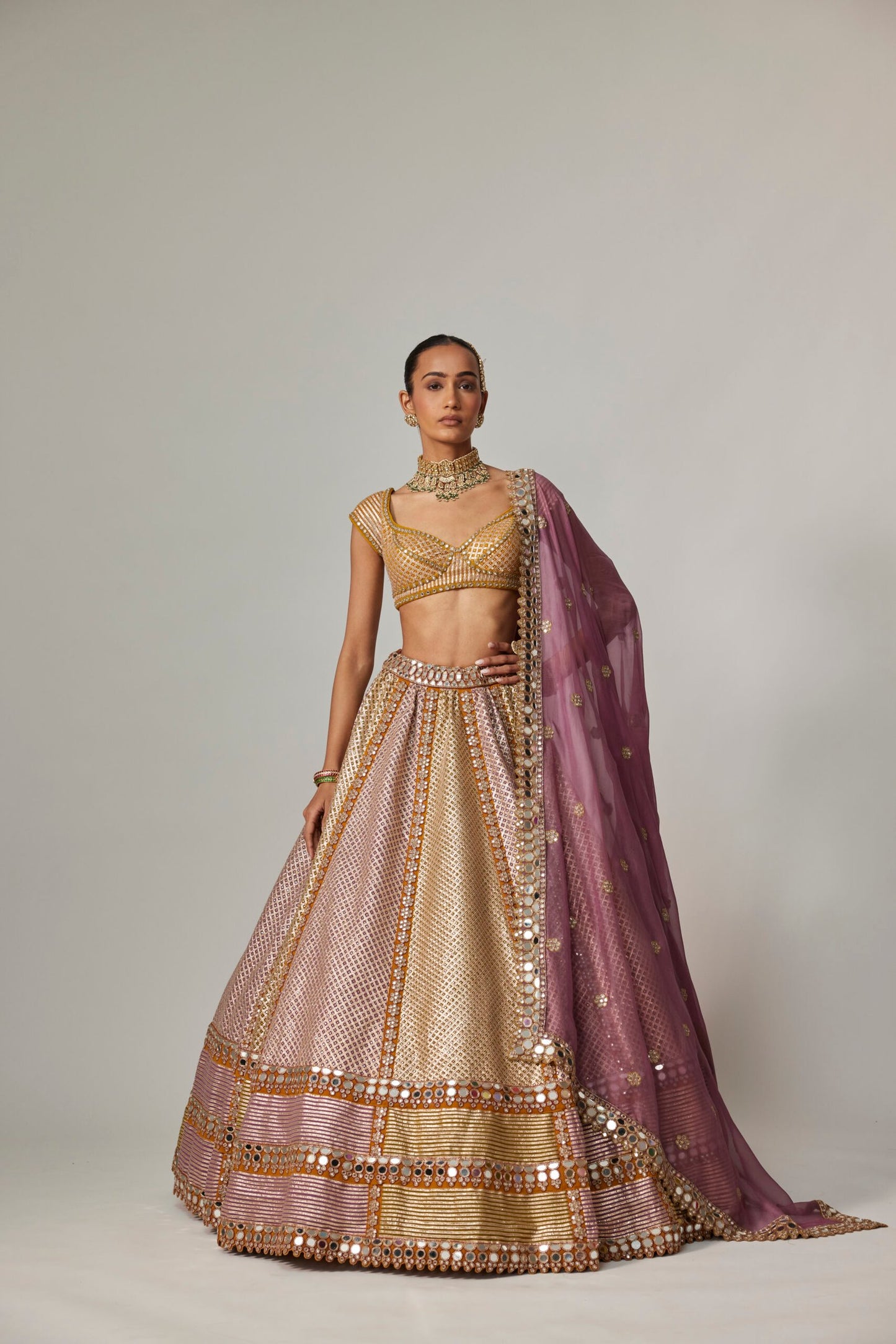 Mustard Multicolour Heavy Metallic Lehenga With Green Dupatta