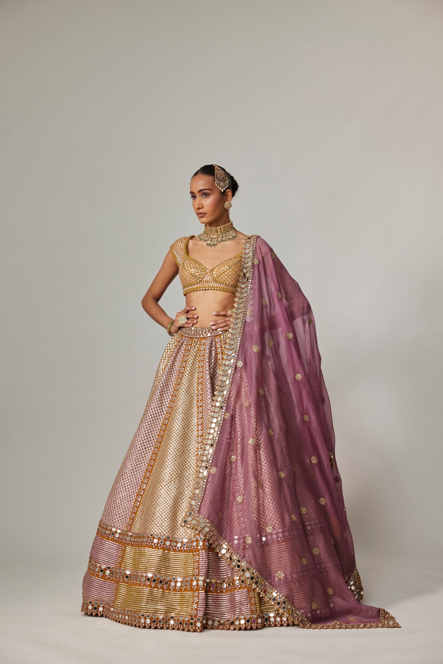 Mustard Multicolour Heavy Metallic Lehenga With Green Dupatta