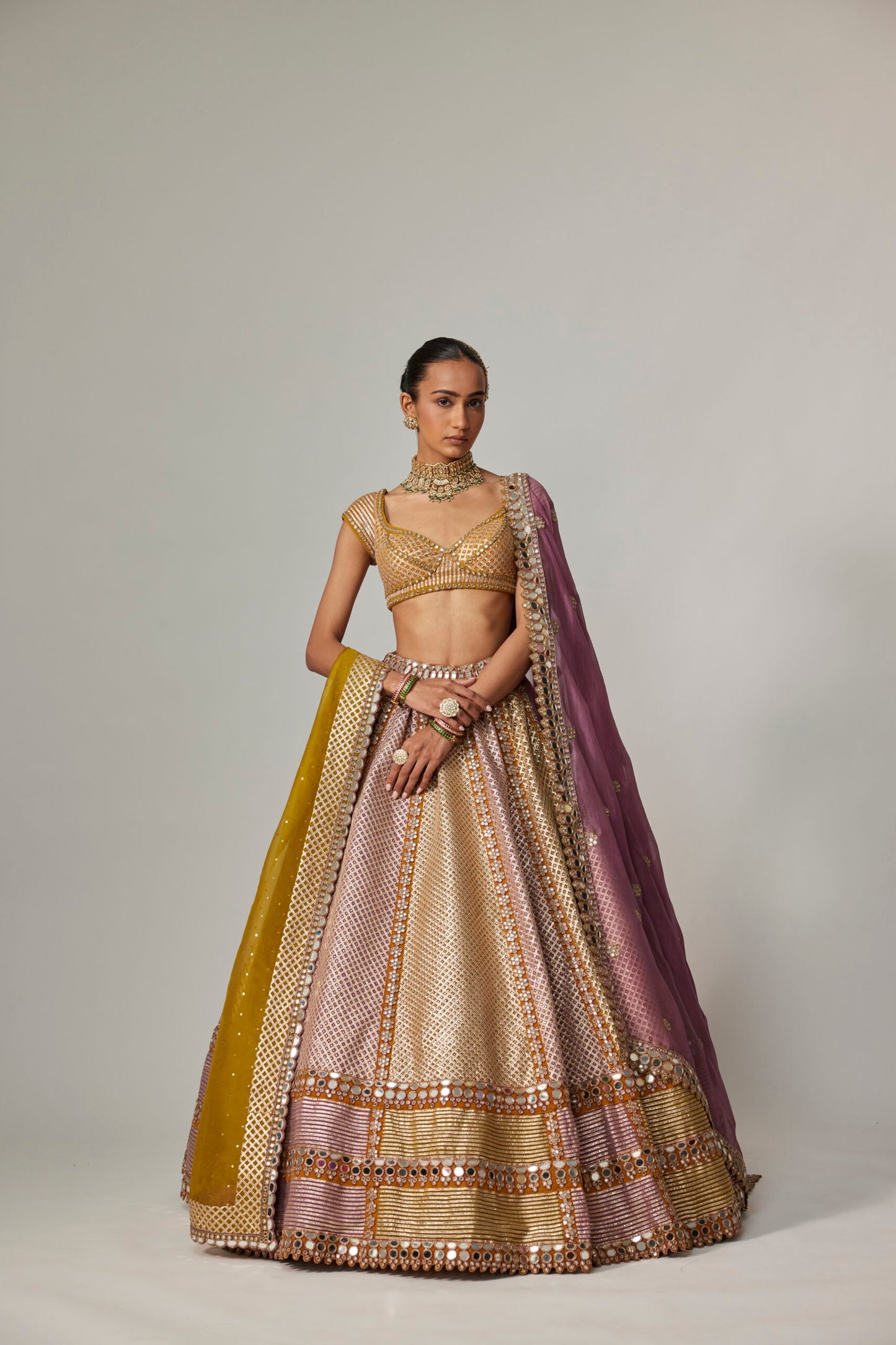 Mustard Multicolour Heavy Metallic Lehenga With Double Dupatta