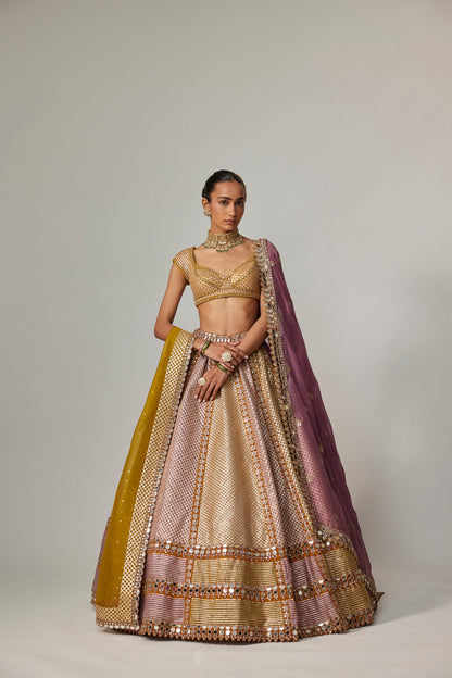Mustard Multicolour Heavy Metallic Lehenga With Double Dupatta