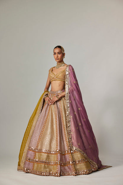 Mustard Multicolour Heavy Metallic Lehenga With Double Dupatta