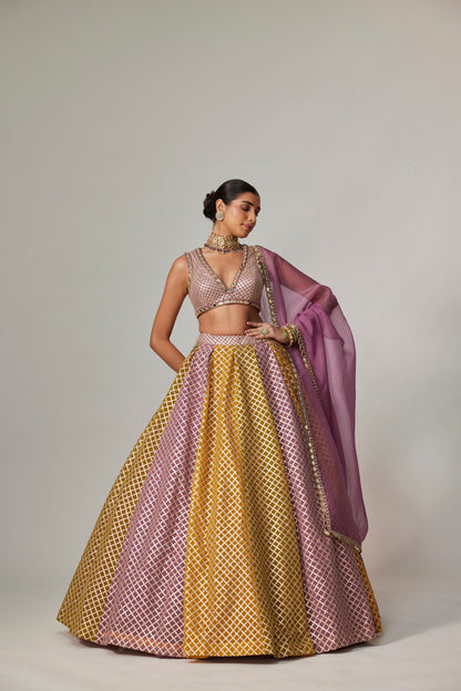 Mustard Multicolour Lehenga with V-neck Blouse And Dupatta