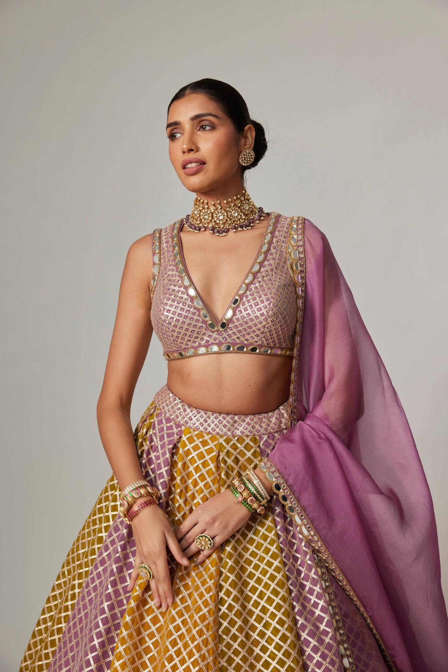 Mustard Multicolour Lehenga with V-neck Blouse And Dupatta