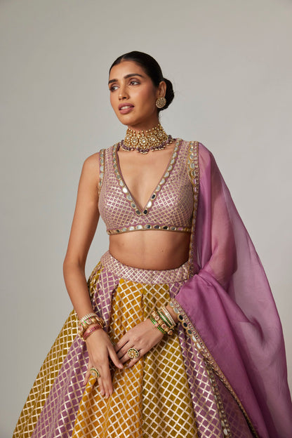Mustard Multicolour Lehenga with V-neck Blouse And Dupatta