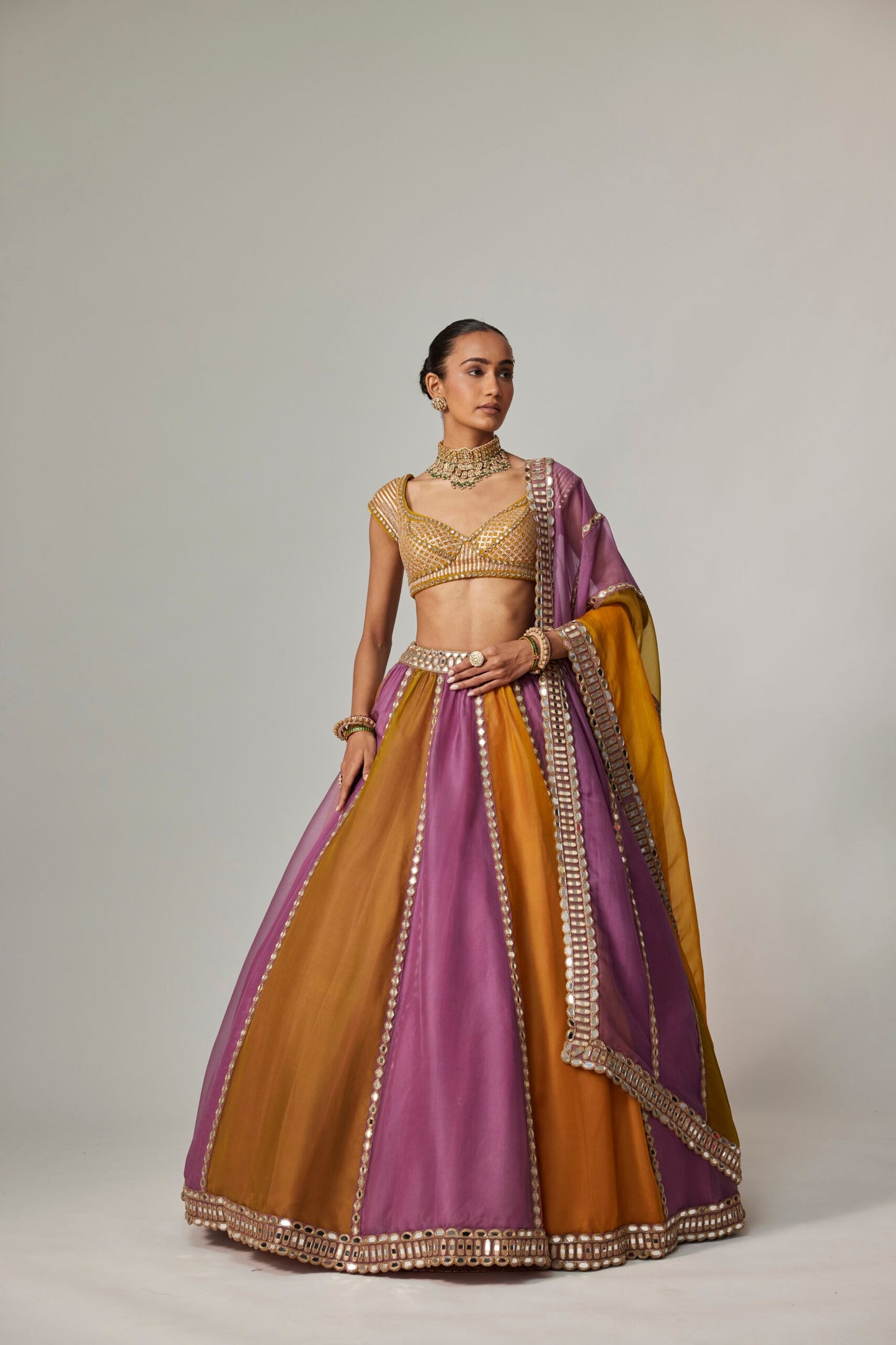 Mustard Multicolour Linear Lehenga With Cap Sleeve Blouse and Dupatta