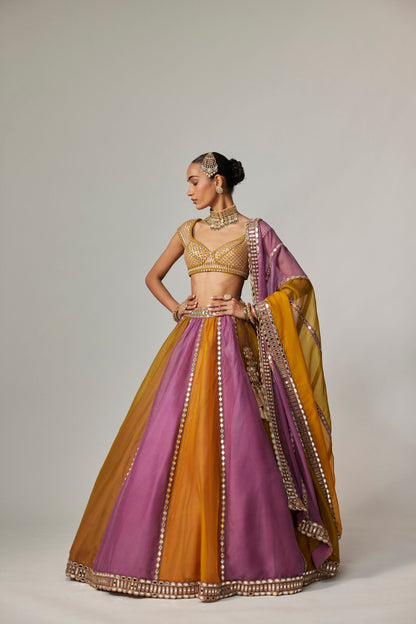 Mustard Multicolour Linear Lehenga With Cap Sleeve Blouse and Dupatta