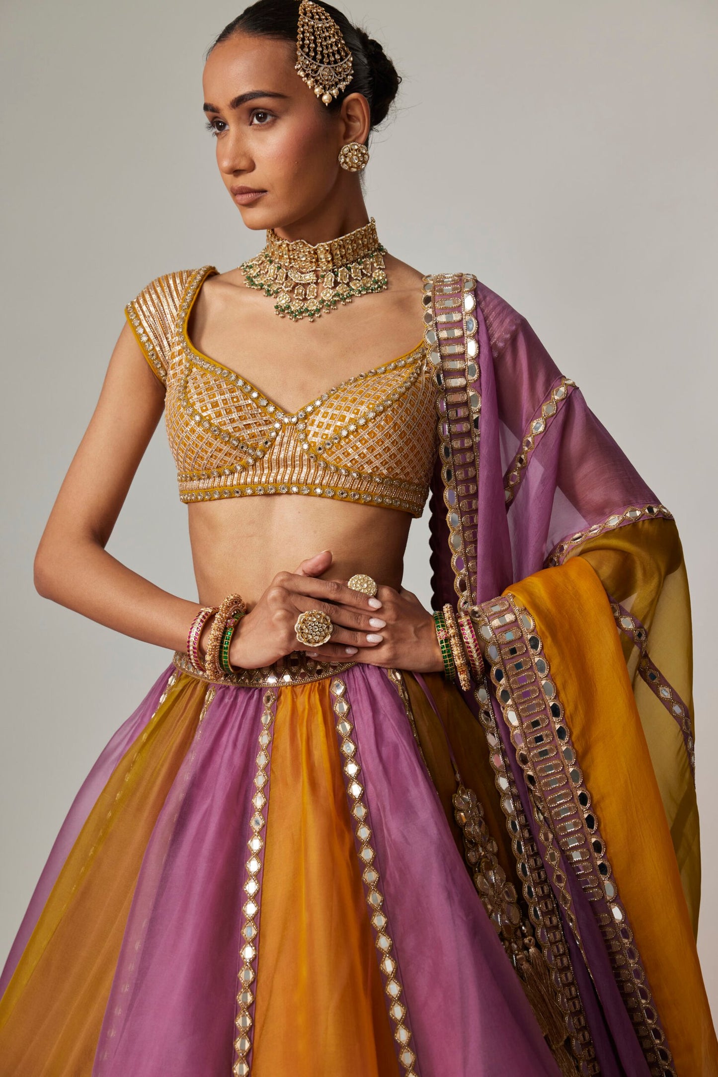 Mustard Multicolour Linear Lehenga With Cap Sleeve Blouse and Dupatta