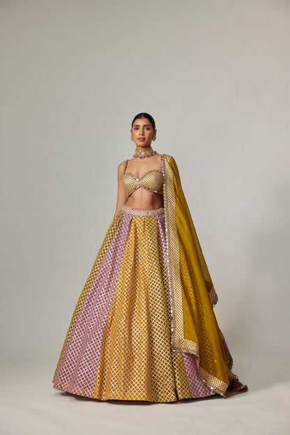 Mustard Multicolour Big Check Lehenga Set