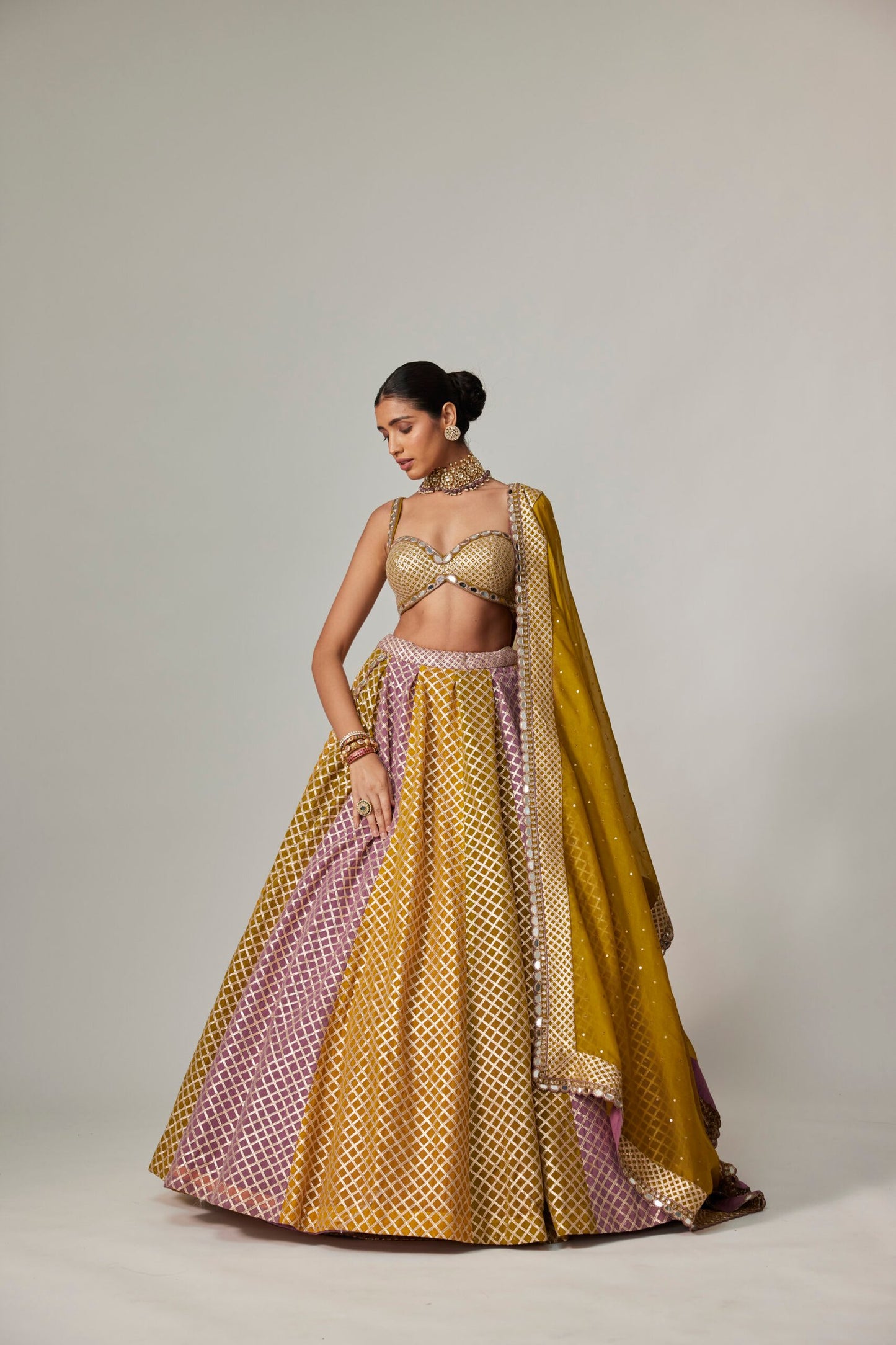 Mustard Multicolour Big Check Lehenga Set