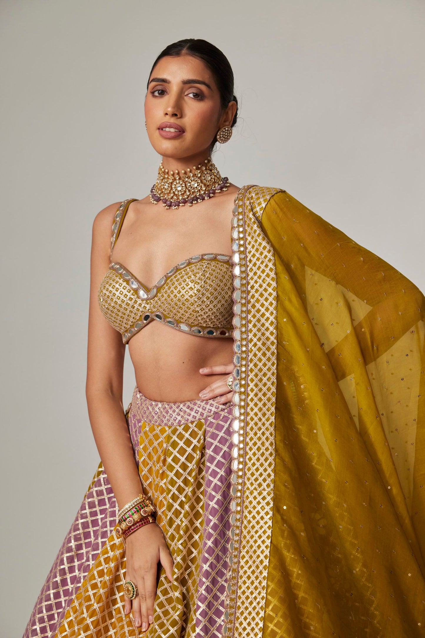 Mustard Multicolour Big Check Lehenga Set