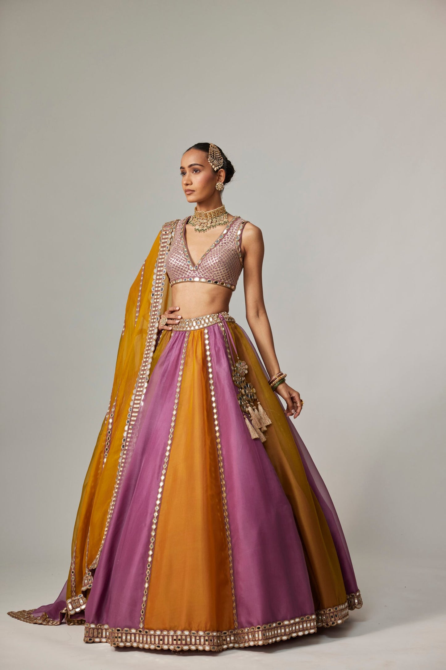 Mustard Multicolour Linear Lehenga and Dupatta With V-neck Blouse