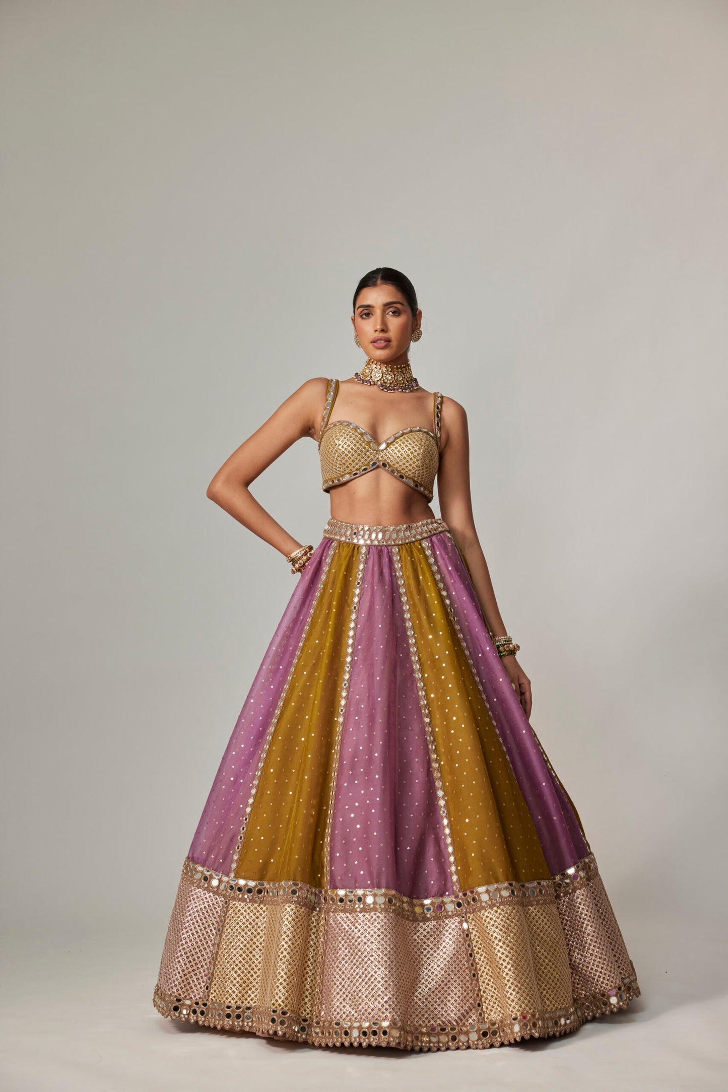 Green Multicolour Sequin Scattered Lehenga Set